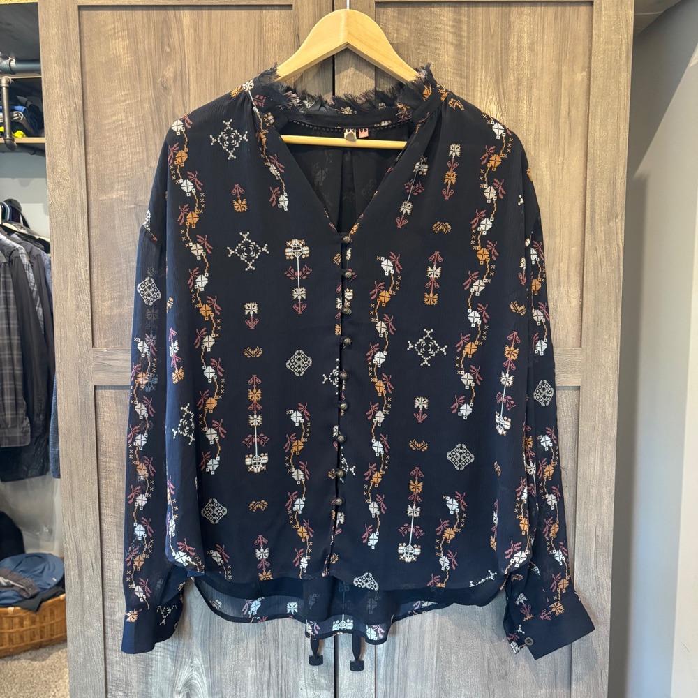 Pilcro Anthropologie Black Geometric Print Button Front Blouse 1X Boho